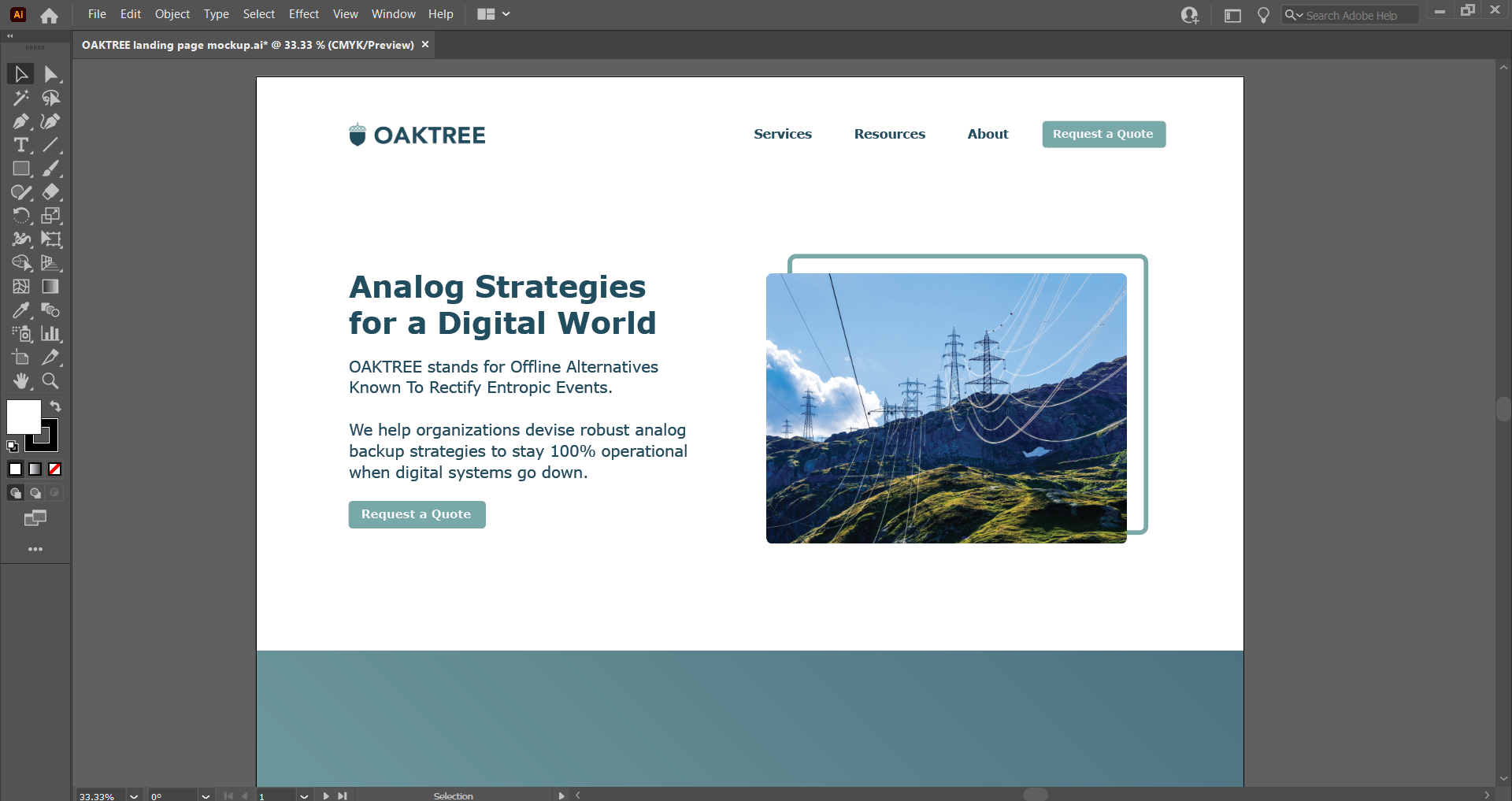 A screenshot of the mockup landing page of OAKTREE within Adobe Illustrator.