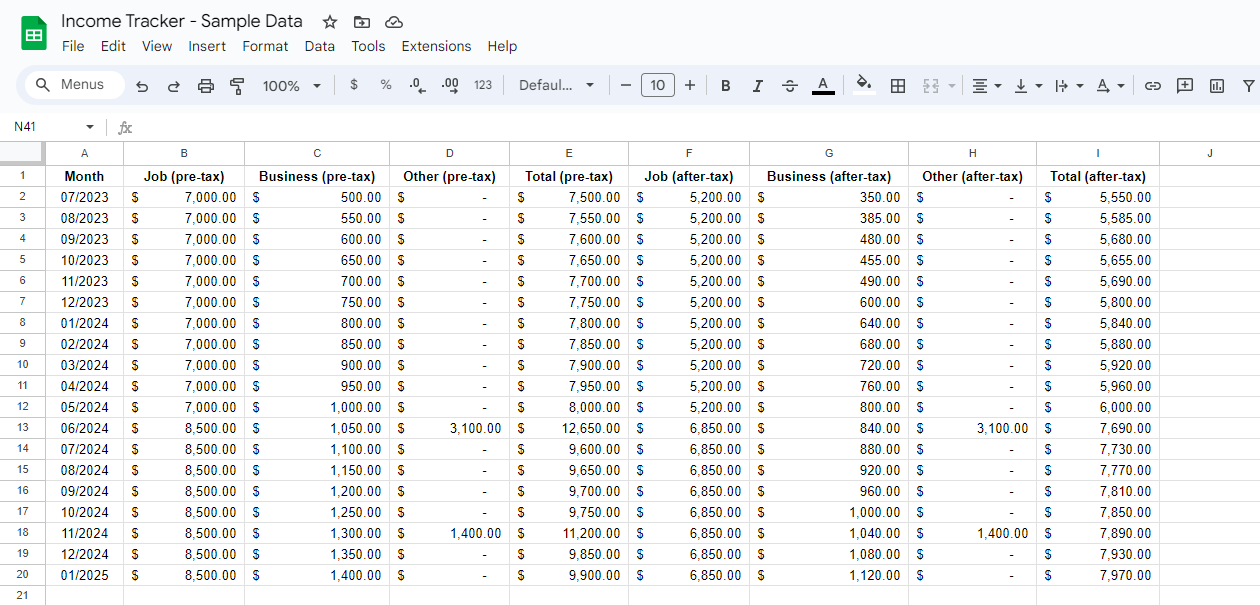 Screenshot of Income Tracker spreadsheet