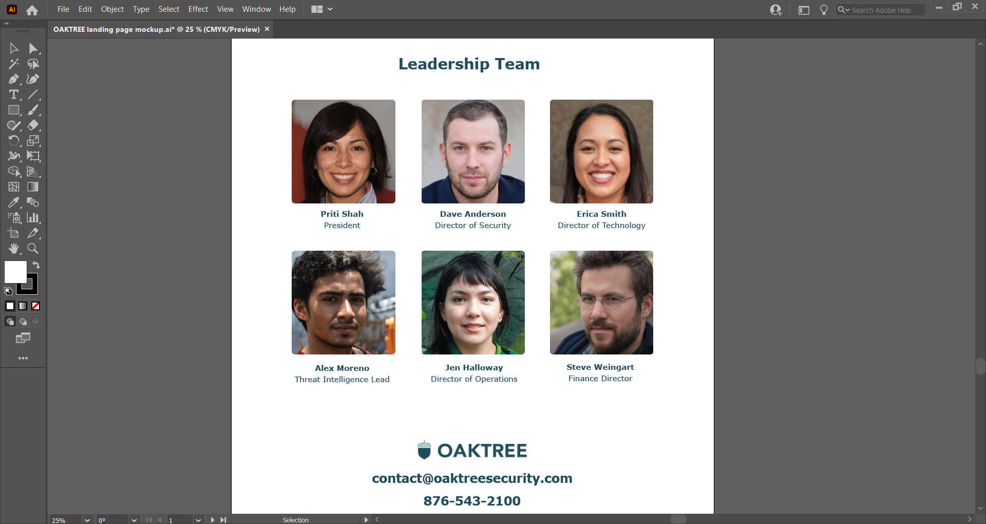 A screenshot of the OAKTREE leadership team landing page section of the OAKTREE website within Adobe Illustrator.