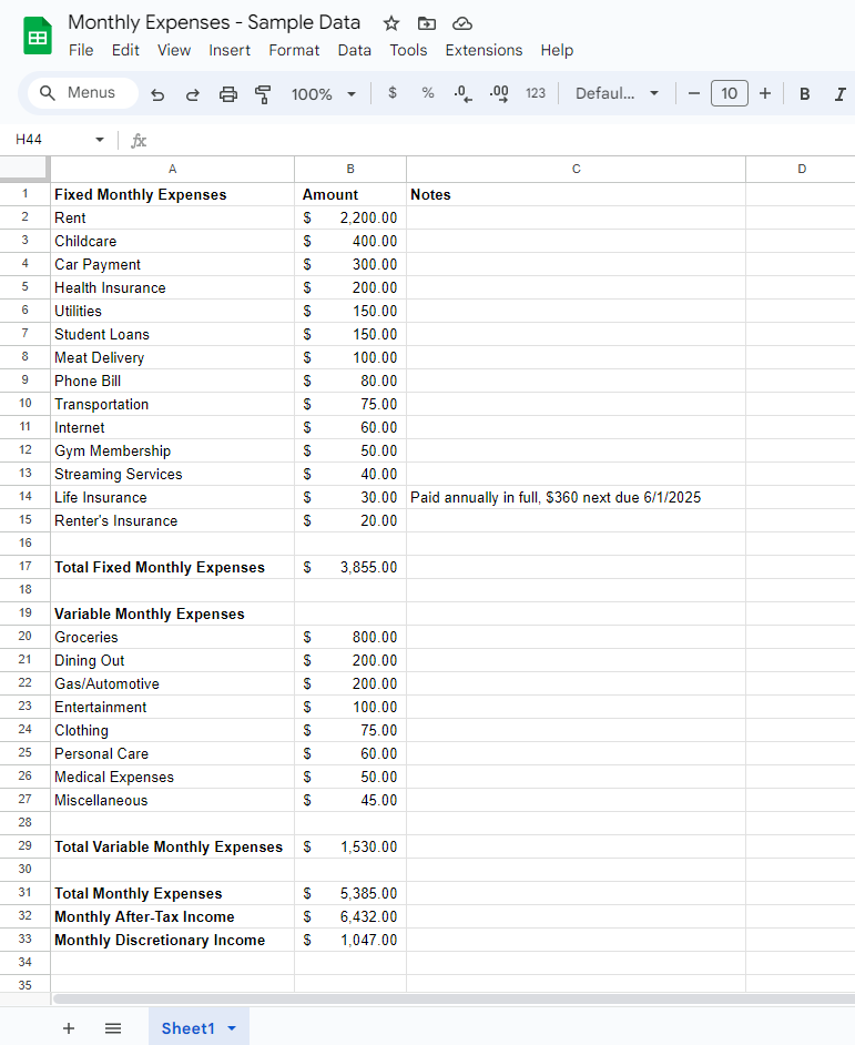 Screenshot of Monthly Expenses spreadsheet