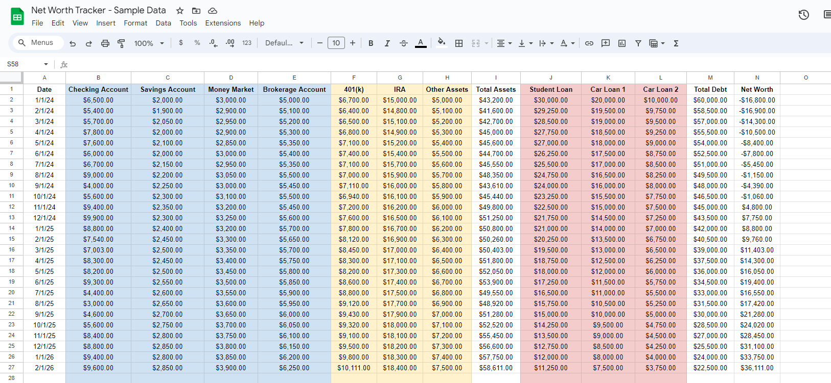 Screenshot of Net Worth Tracker spreadsheet