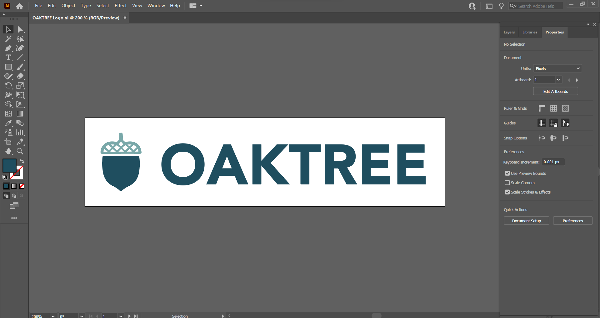 A screenshot of the finalized logo of the OAKTREE brand within Adobe Illustrator.