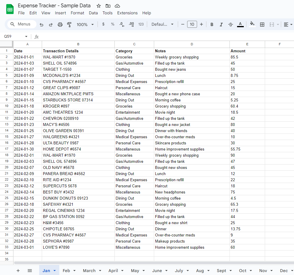 Screenshot of raw transaction data within Expense Tracker spreadsheet