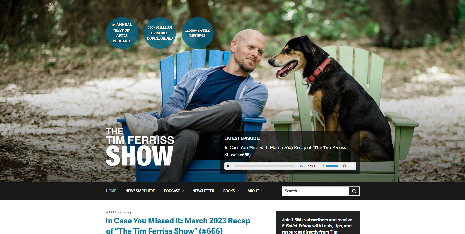 A screenshot of the landing page of the blog of Tim Ferriss.