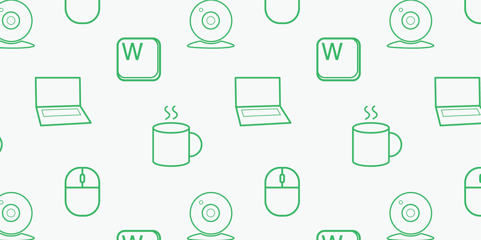 An image of a vector icon pattern of laptop computers, webcams, coffee mugs and computer mouses.