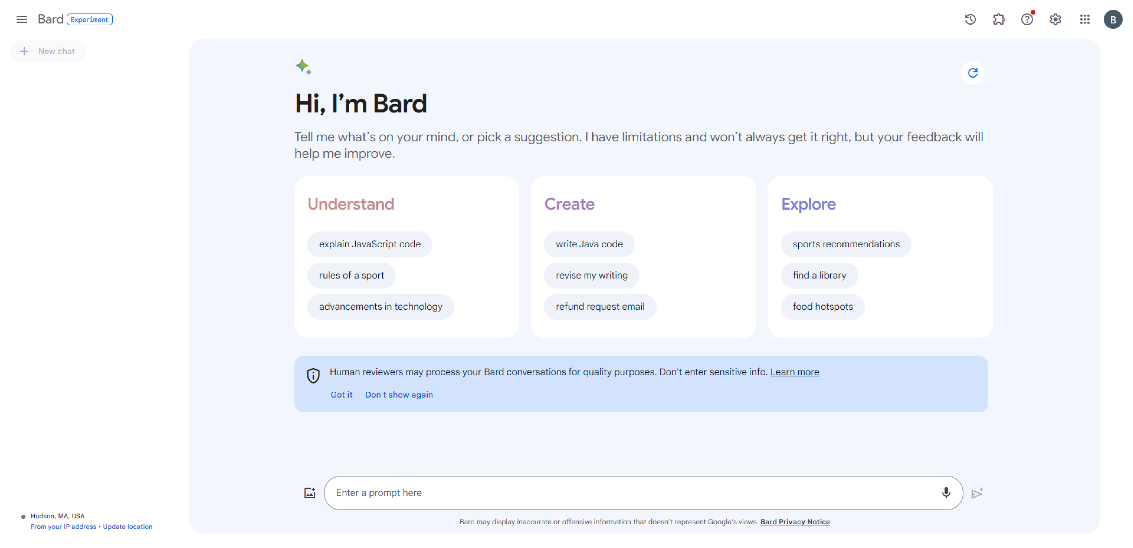 A screenshot of the Bard web app.