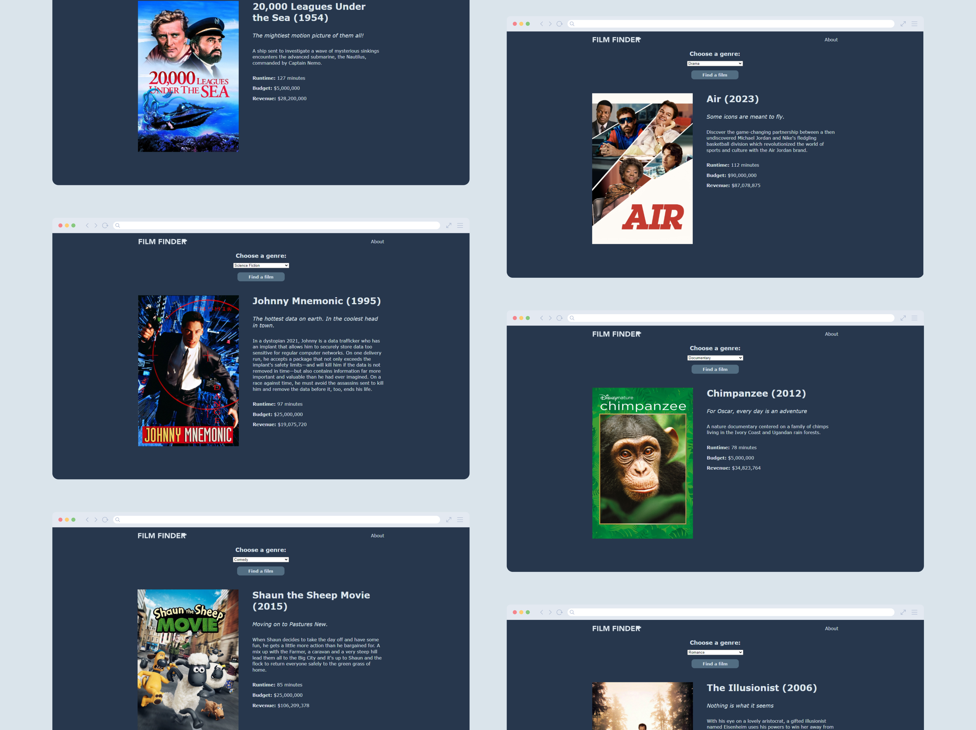 A preview browser image of a web app called Film Finder.