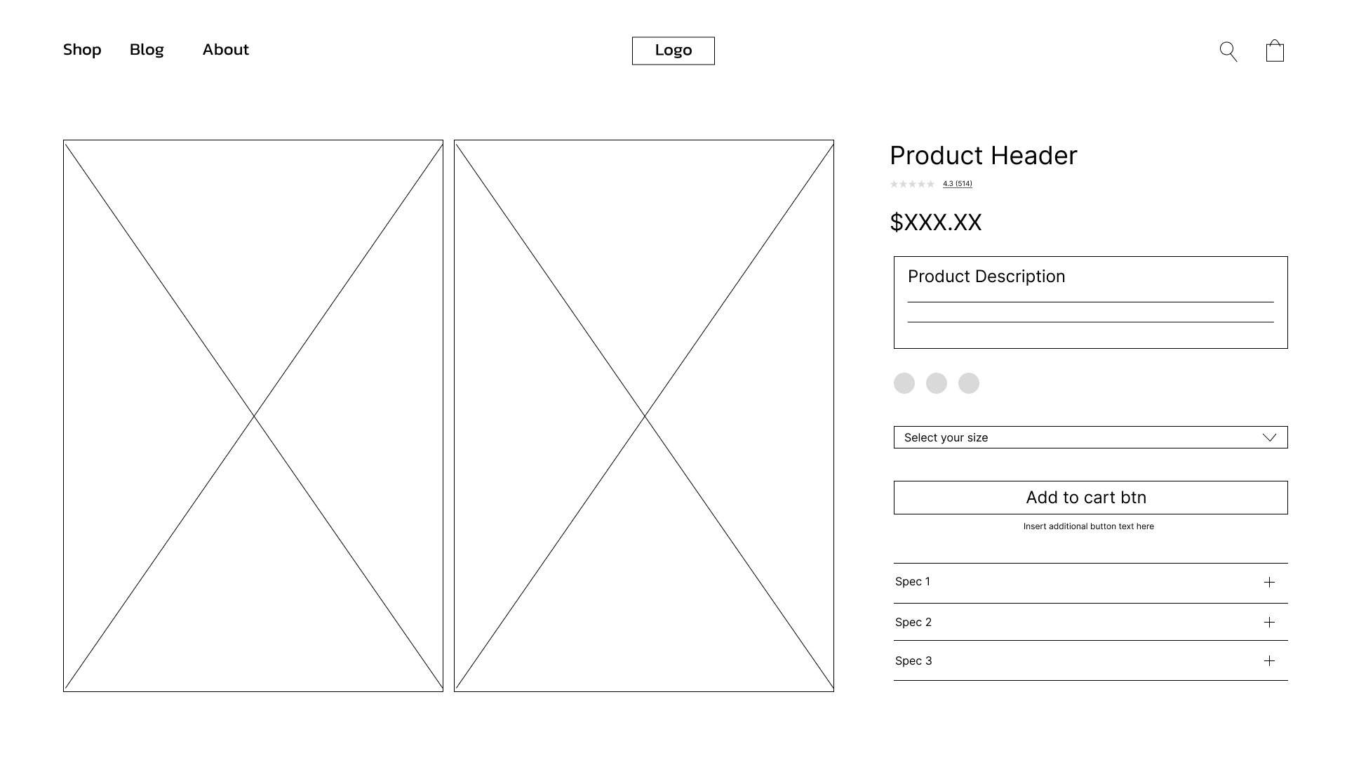 An ecommerce product page wireframe design.