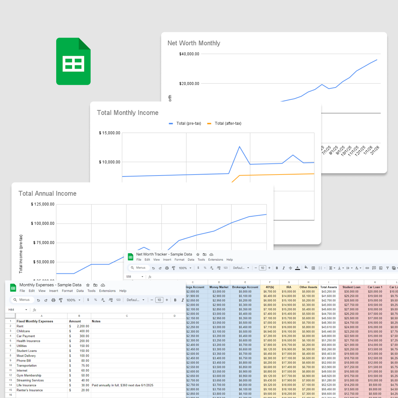 A cover image for a product called Personal Finance OS. The image features screenshots of finance charts and spreadsheets.