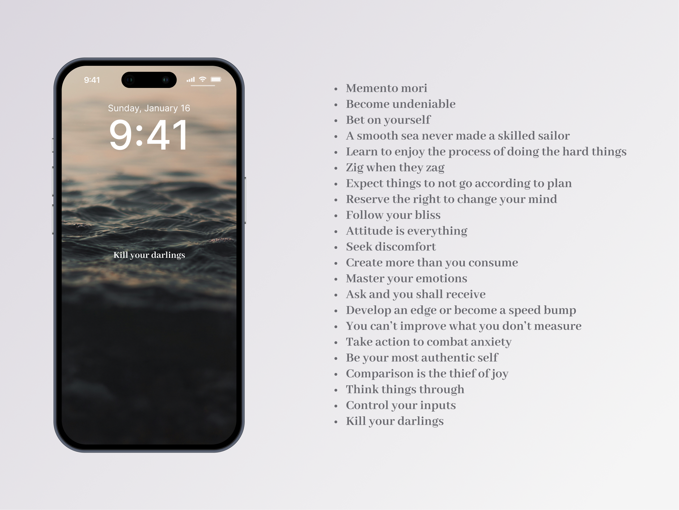 An image for a product called Principles. The image features iPhone wallpapers with beautiful background photos overlaid with simple life principle quotes.