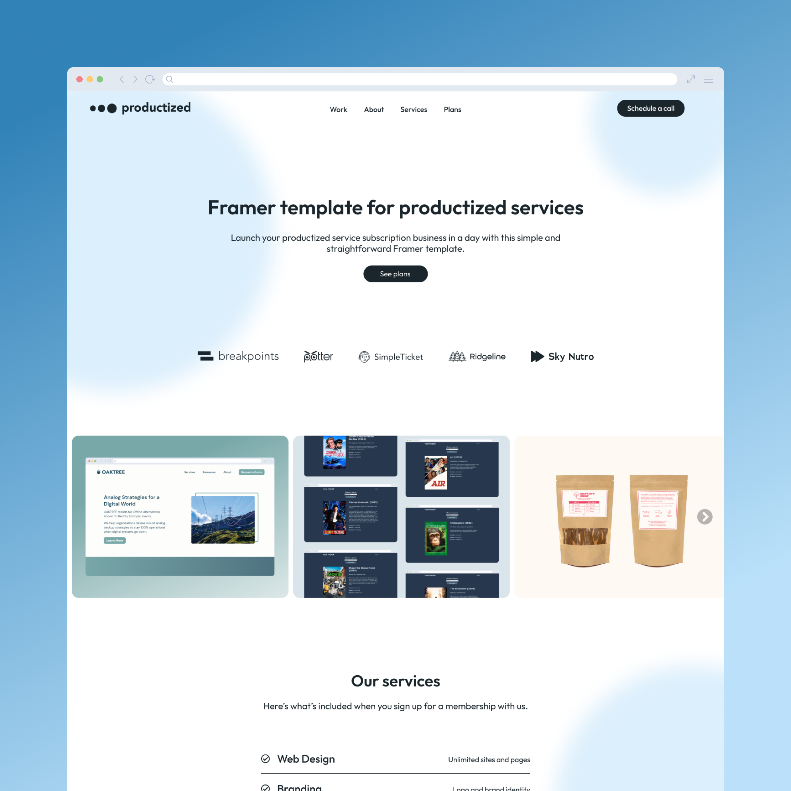 A cover image for a Framer template called Productized. The image displays a screenshot of the web template hero section.