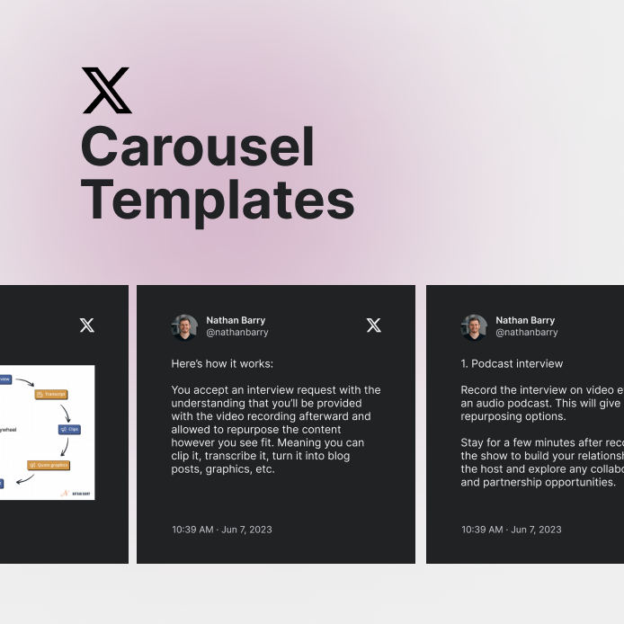 A cover image for a product called X Carousel Templates. The image features a design template for converting X threads to colorful carousel graphics.